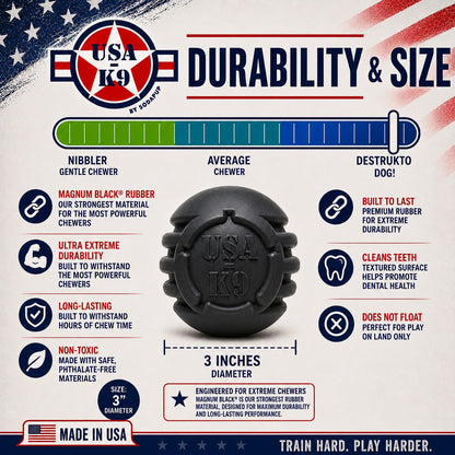 USA-K9 Stars and Stripes Rubber Dog Toy | K9 Handler Reward Toy | Black | USA Made