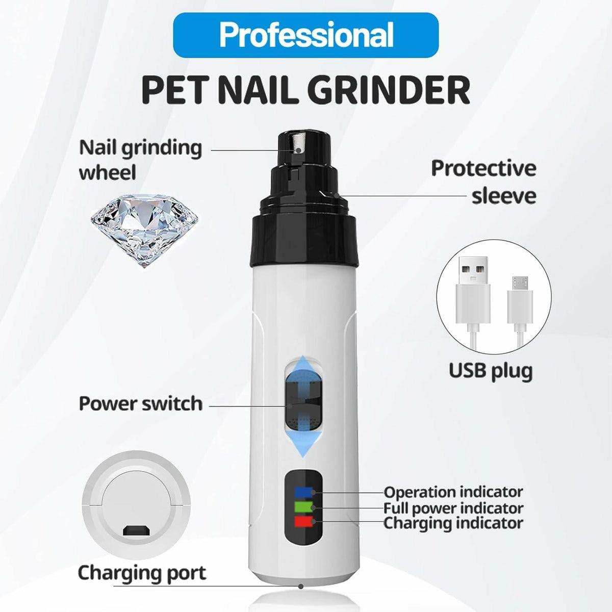 Generic Nail Grinder for Dogs Rechargeable USB LED Light 3 Speeds 1+2 Heads